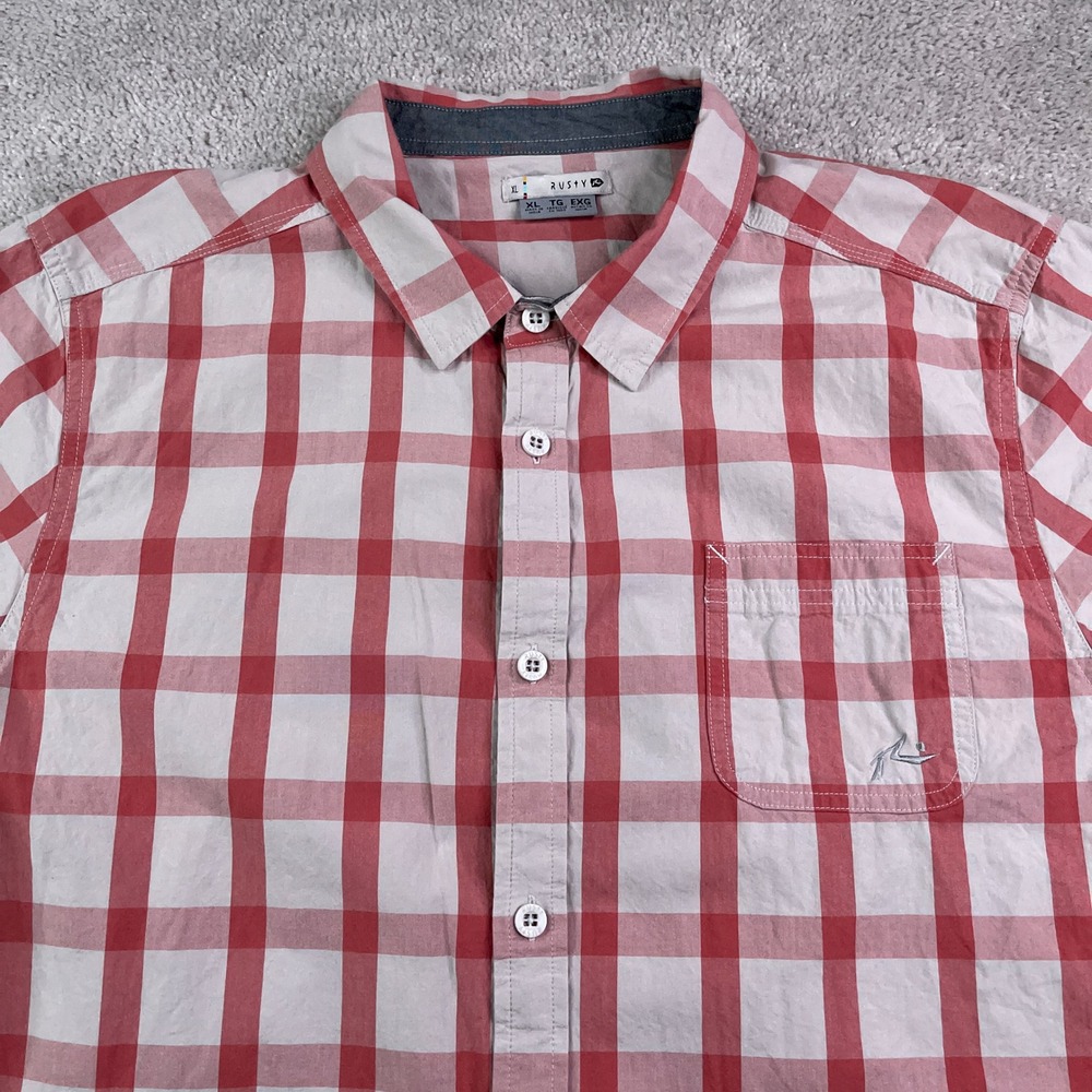 Rusty Shirt Mens XL Red Checkered Cotton Button Up Logo‎ Surf Lifestyle